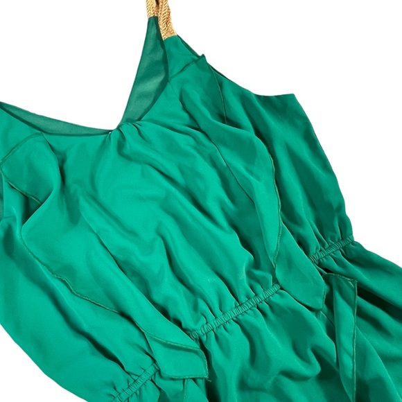 3/$44 Pinky size large green mini dress ruffles on front vneck gold straps silky - Picture 8 of 12